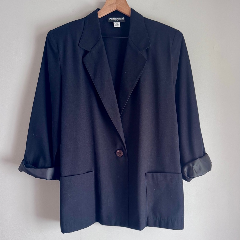 Vintage 90’s Sag Harbor Black One Botton Oversized Blazer Size 16 Petite